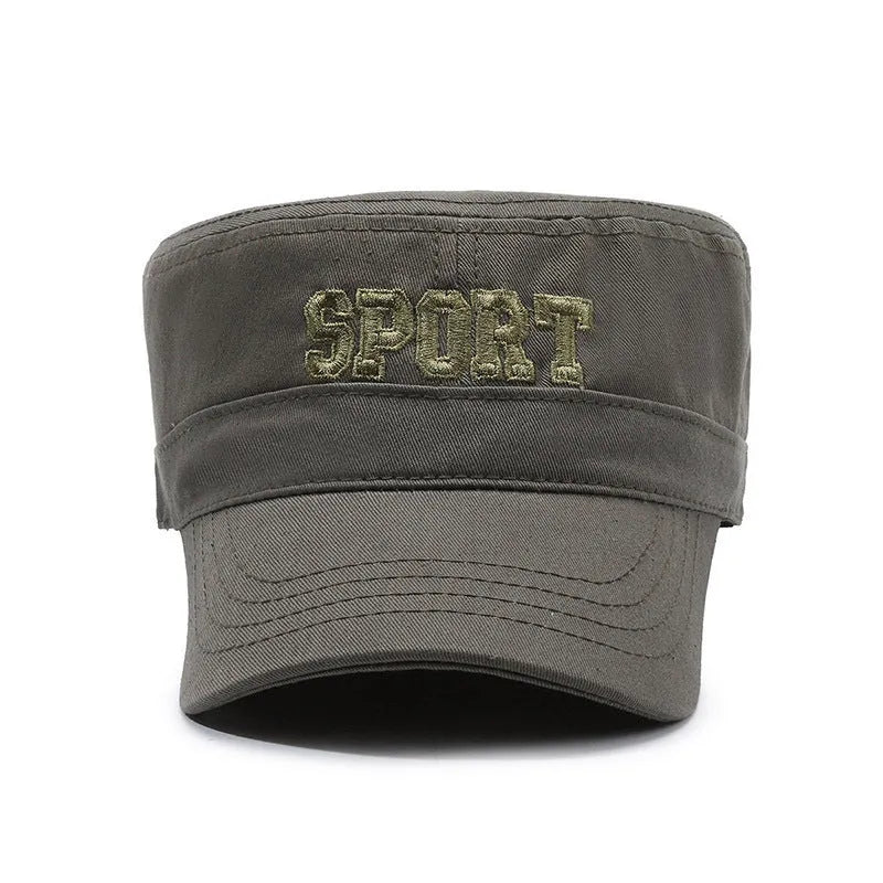 Men's cotton flat-top peaked cap in army green colour with English letter detailing and an adjustable strap.