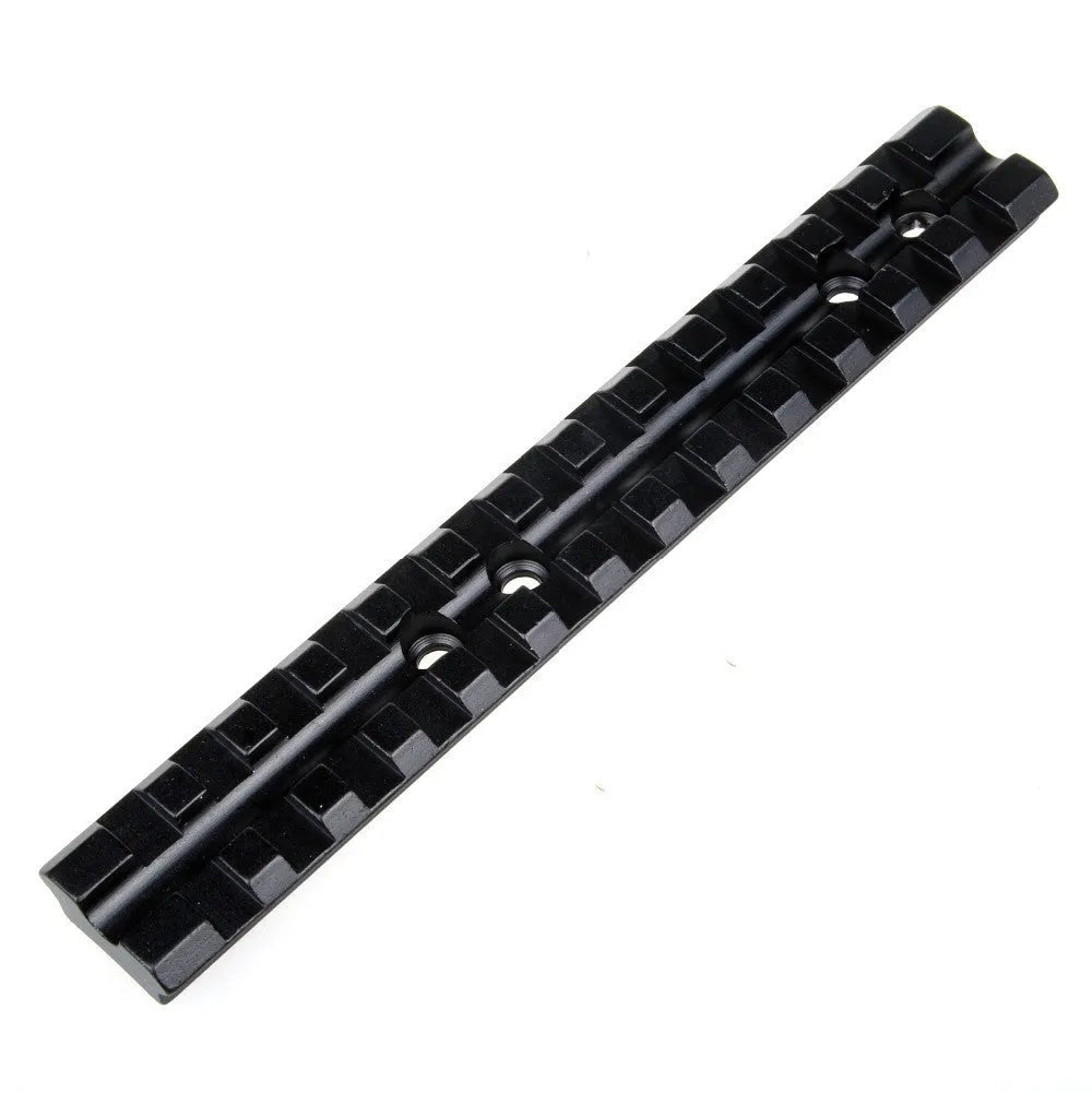 Black aluminium shotgun scope mount with 13-slot Weaver/Picatinny rail measuring 140mm length