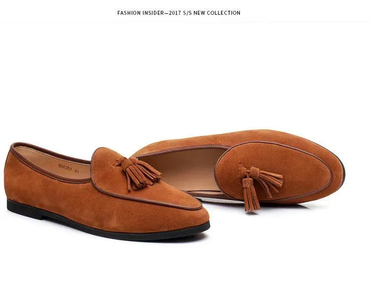 Men's fashion retro British tassel slip-on shoes with artificial PU upper in black, blue, brown, dark gray, sizes 38 to 48