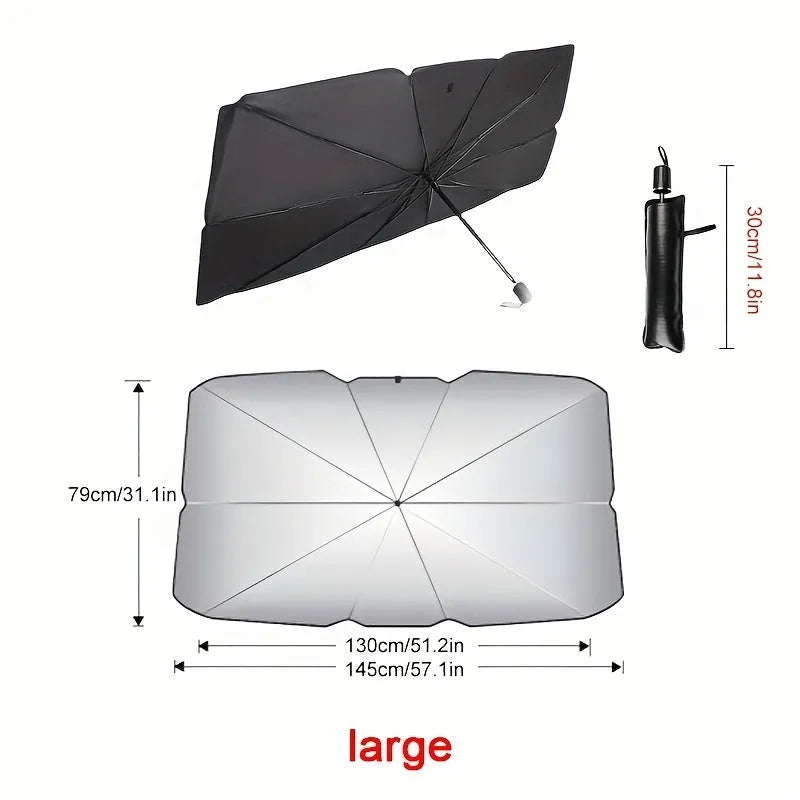 Foldable car windshield sunshade umbrella shown open and folded with automatic rebound button