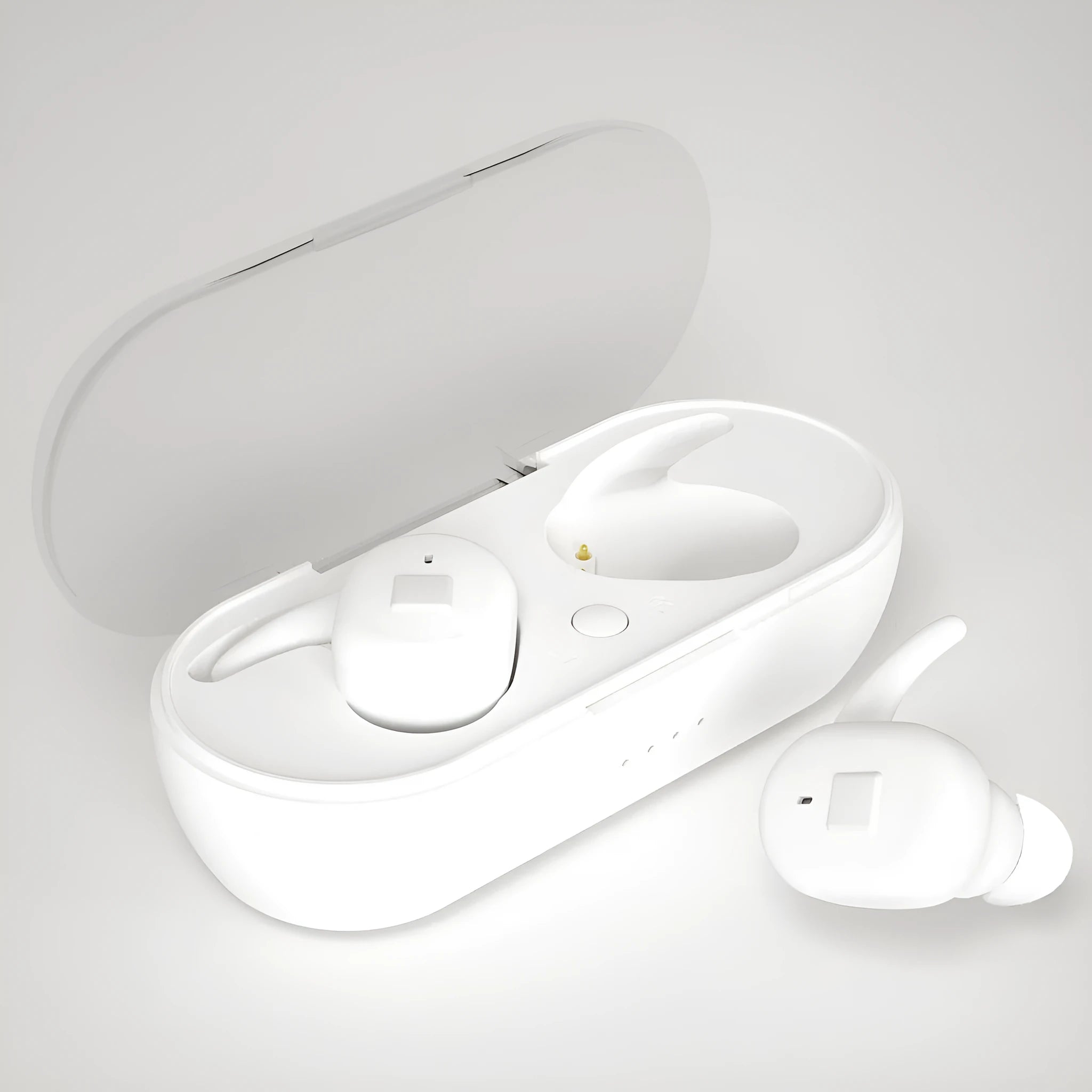Black Bluetooth 5.0 wireless in-ear earbuds with charging case on white background