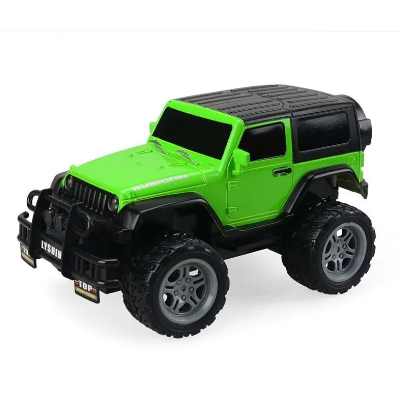 Children's four-way remote control car in green SUV style with flashing lights on a white background