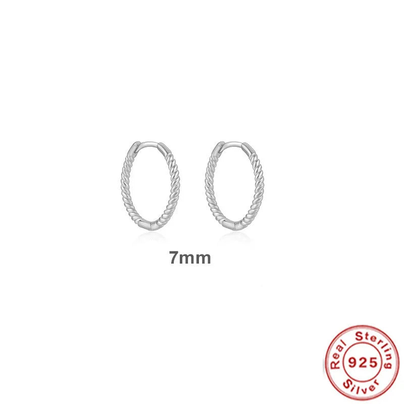 S925 sterling silver twisted string round ring earrings in gold or platinum colours, available in 6mm 7mm 8mm 13mm sizes