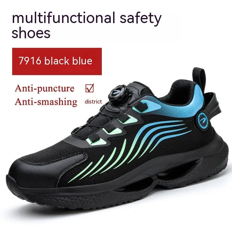 Men's lace-free safety shoes with steel toe cap, fly woven mesh upper, PU sole, low top, in black, blue, or grey