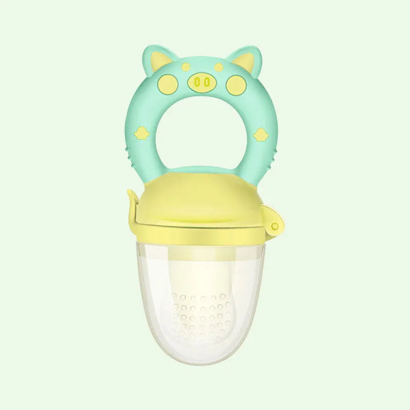 Silicone baby teether in blue, green, or pink with textured mouthpiece for gum relief