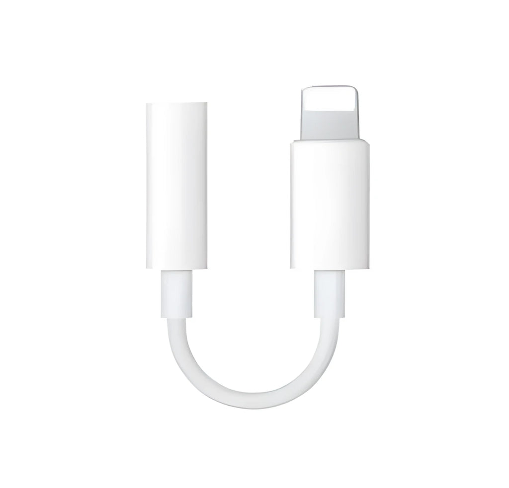White Lightning to 3.5mm headphone adapter cable for iPhone, showing both connectors.