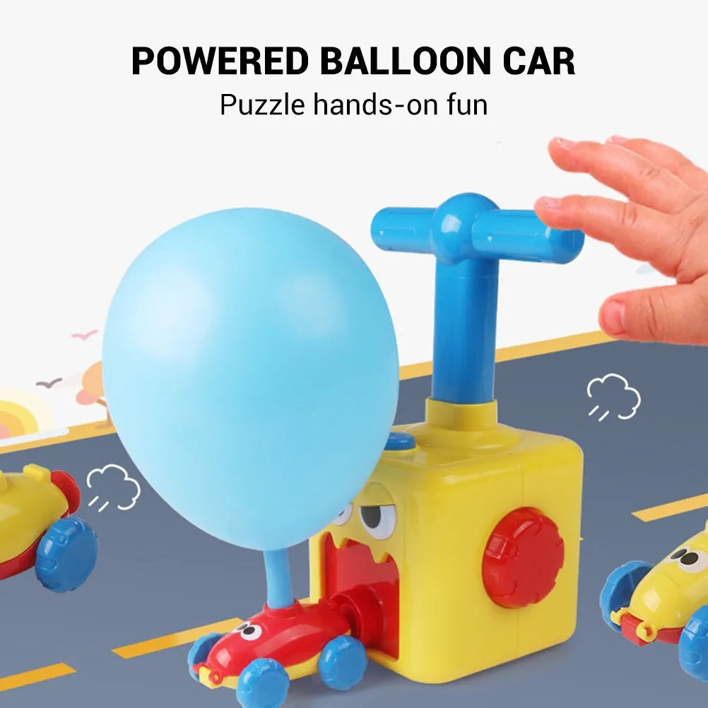 Children's air balloon powered car toy with ABS plastic construction, 2 cars, and 12 balloons on a white background
