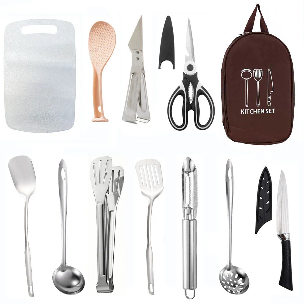 12 piece stainless steel picnic kitchenware set in portable storage bag for outdoor dining