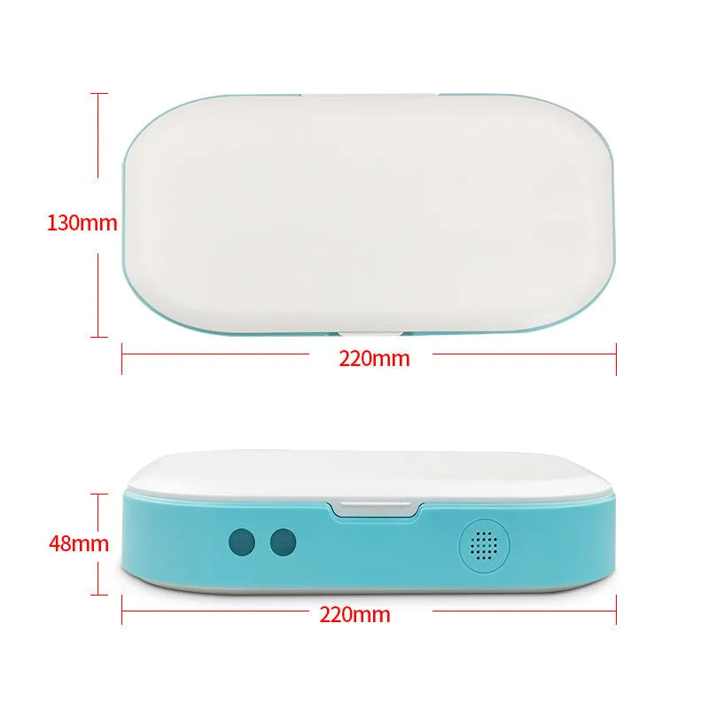 Blue UV steriliser box for mobile phones and small items showing dual UV lamps and compact size for 7-inch phone