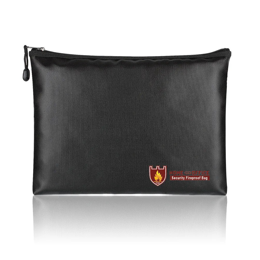 Black fire-proof contract document bag showing three size options for A4 paperwork storage