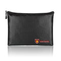 Black fire-proof contract document bag showing three size options for A4 paperwork storage