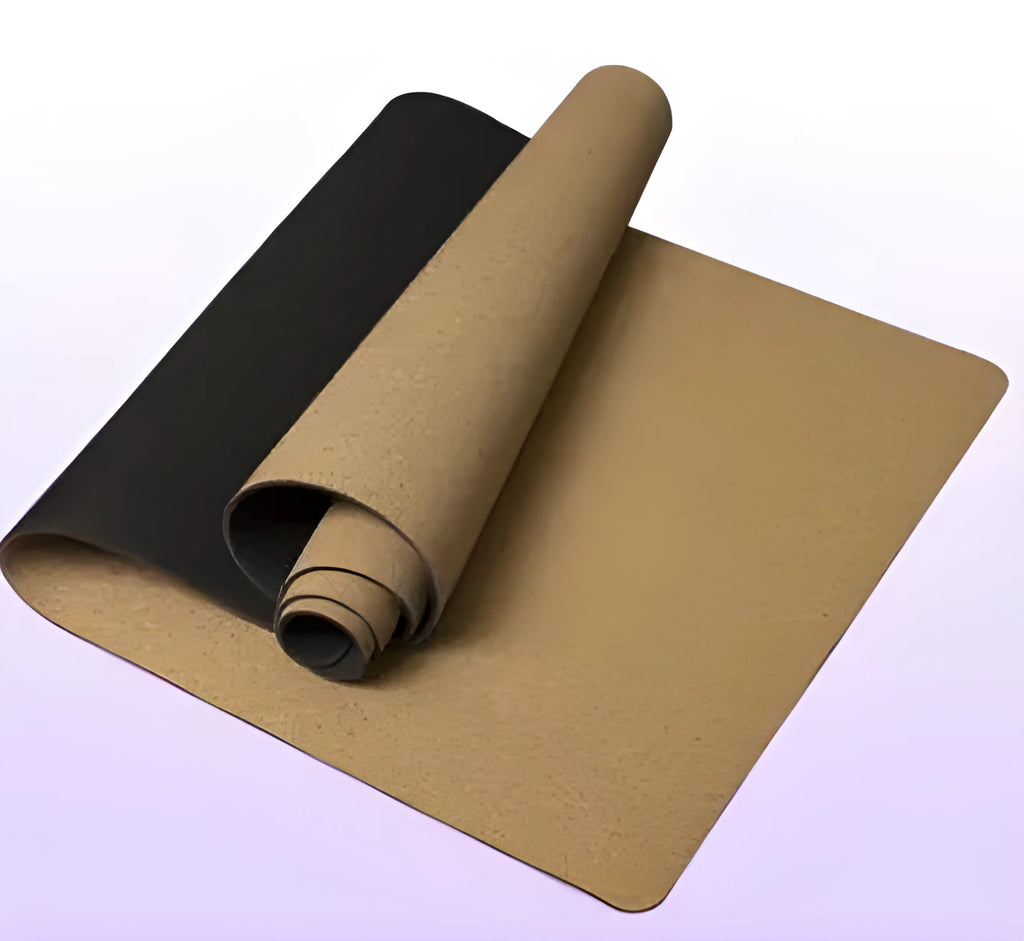 Natural cork and TPE yoga mat rolled out on floor, 5mm thick, 183x61cm, non-slip surface for yoga and pilates