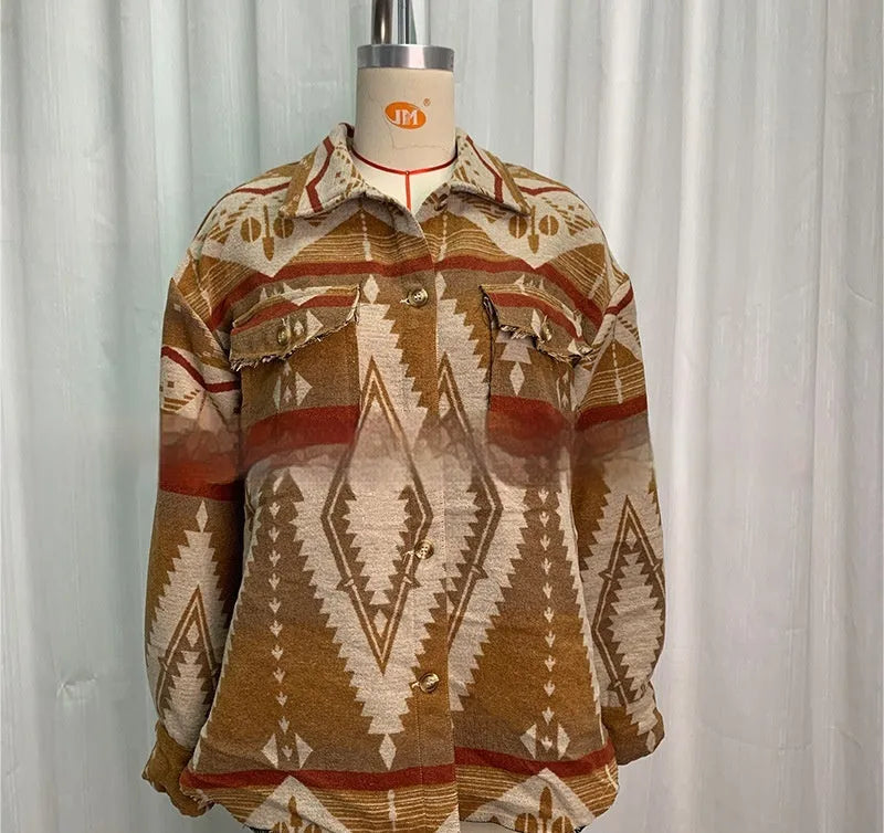 Women's retro style Aztec print jacket in woolen coat fabric, shown in army green.