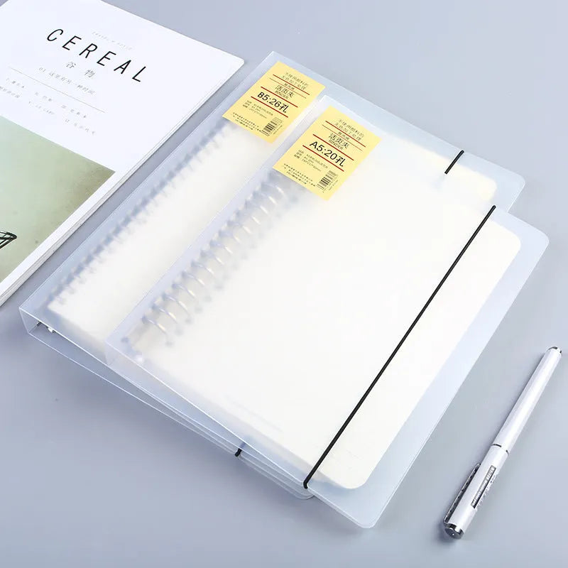 A5 26-hole binder notebook with PP matte cover showing two-ring binding mechanism and horizontal lined pages