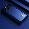 Black fast charging power bank with 20000mAh capacity showing LED flashlight and charging ports