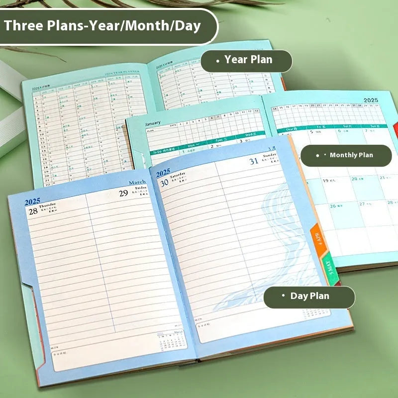 A5 striped PU leather notepad open on a desk showing thickened paper, available in eight colours.