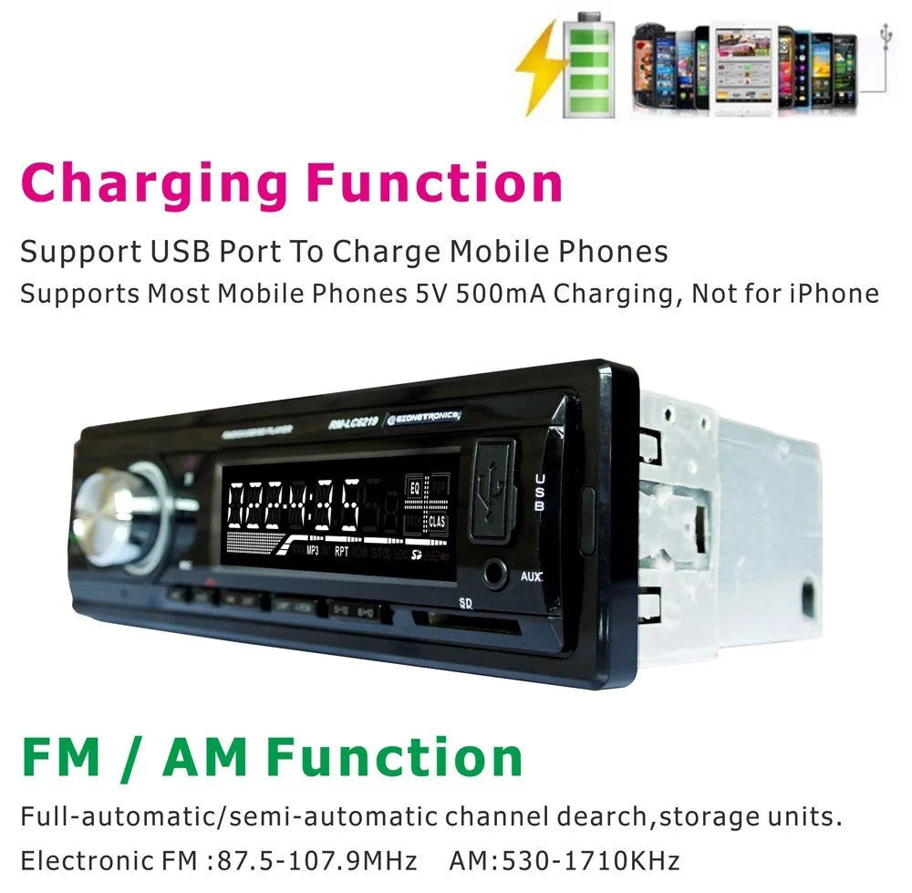 Black car stereo receiver with Bluetooth, USB, SD card slots, auxiliary input, and display screen