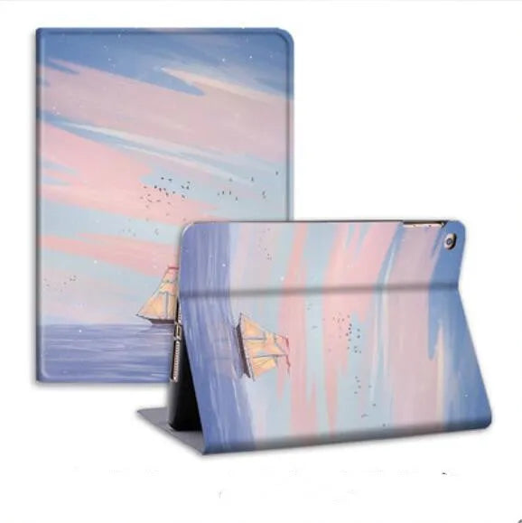 Silicone dreamy painting style sailing cover for iPad with sailboat design, book style case