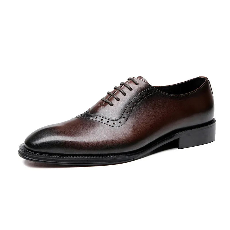 Men's black carved pointed retro lace-up wedding shoes with flat rubber sole and decorative upper