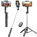Black extendable selfie stick tripod with wireless remote and phone holder