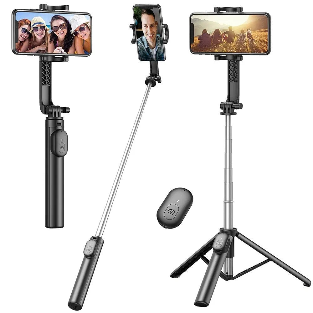 Black extendable selfie stick tripod with wireless remote and phone holder