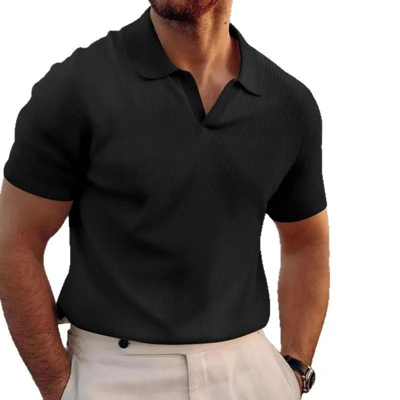 Men's slim fit t-shirt with textured waffle lapels in solid colour.