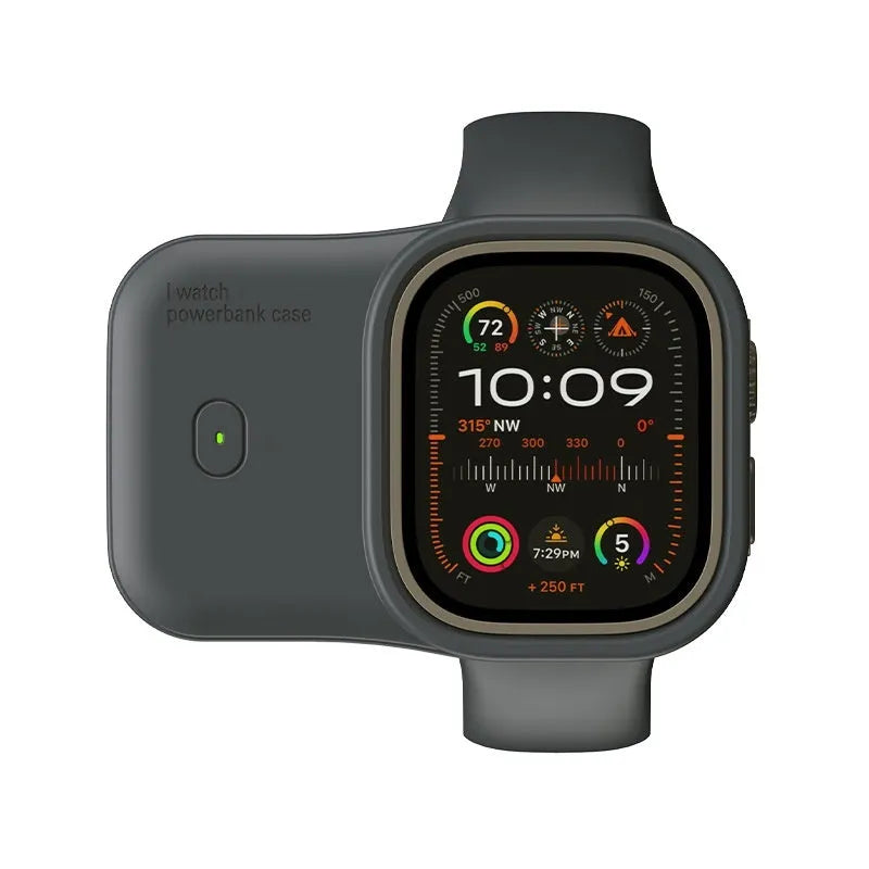 Apple Watch portable charging case with silicone cover, shown in Brown, Midnight Blue, and Starlight colours.