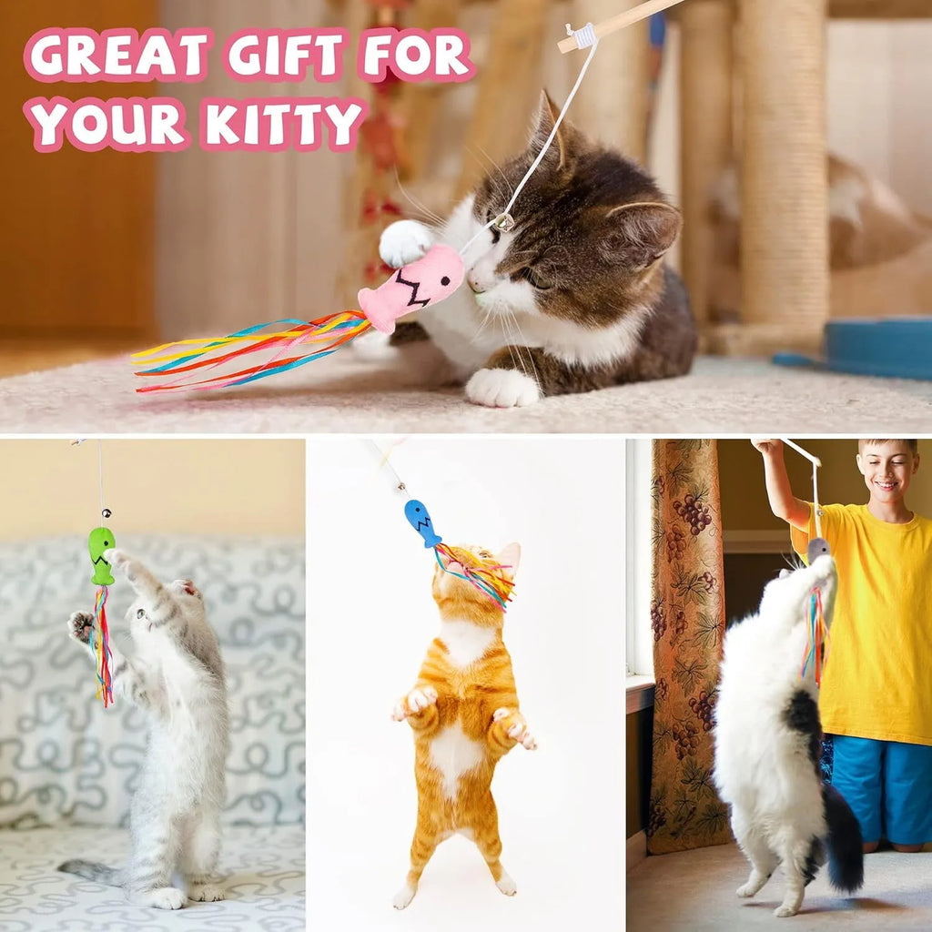 Blue cat wand toy with catnip fish, colourful ribbons, bell and a wooden handle on a white background.