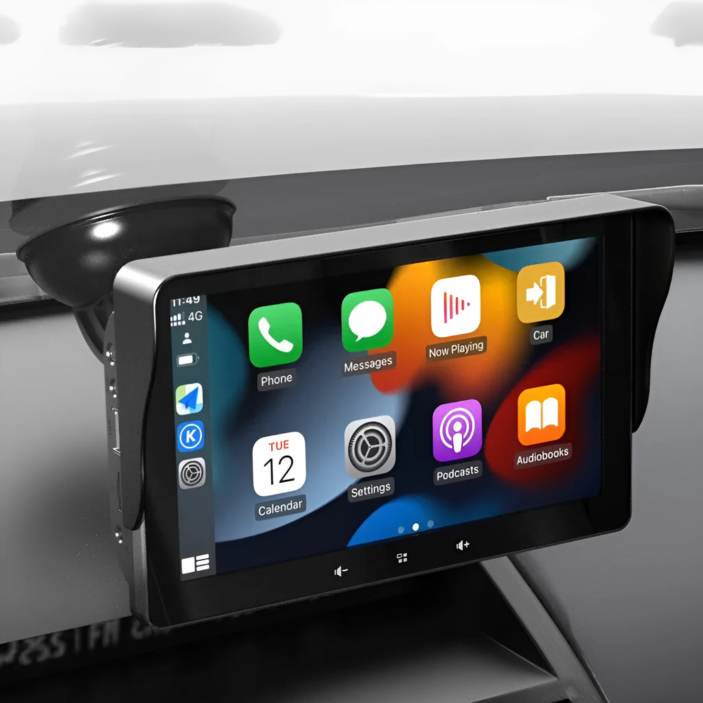7-inch universal car wireless CarPlay display with suction cup mount on a windscreen.
