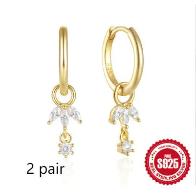 S925 sterling silver earrings with sunflower geometric design and golden-three diamonds colour