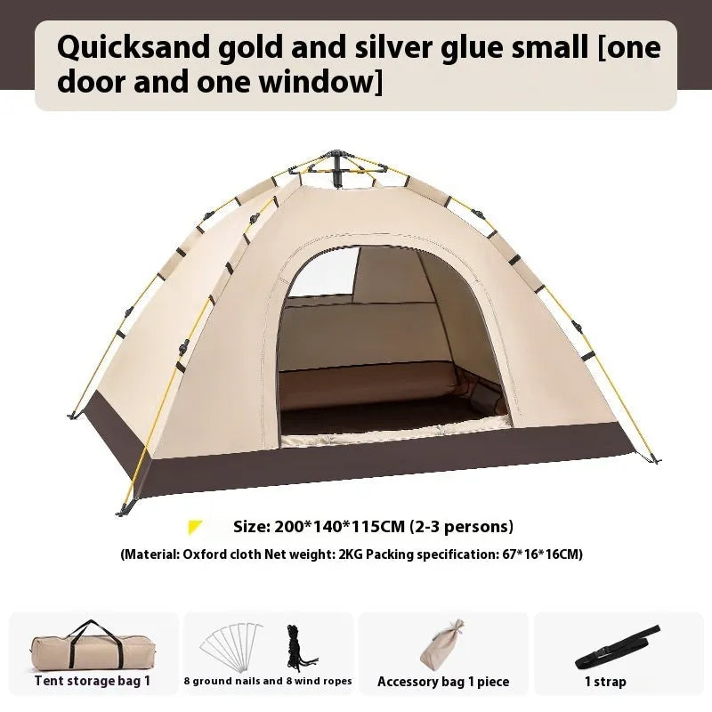 Outdoor portable full-automatic double camping tent with waterproof silver glue fabric, one door and one window
