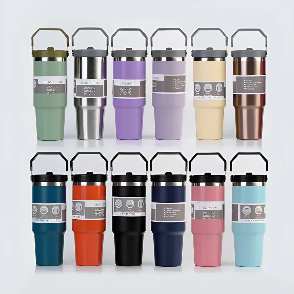 30oz stainless steel travel tumbler with handle and cover in dark pink colour