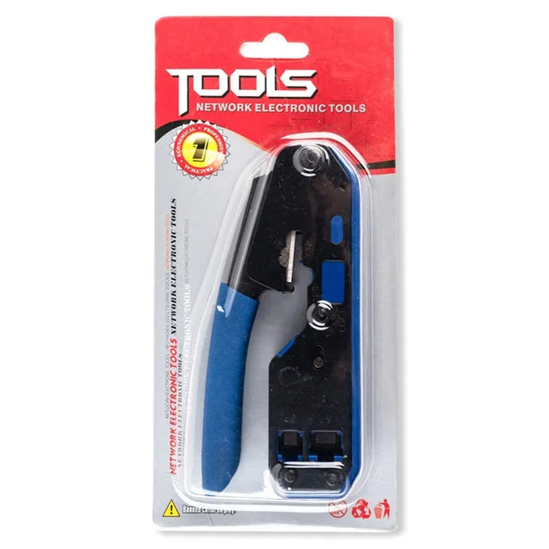 RJ45 network crimper and cable stripper in black or blue, 21 x 136mm, with non-slip handle and security lock