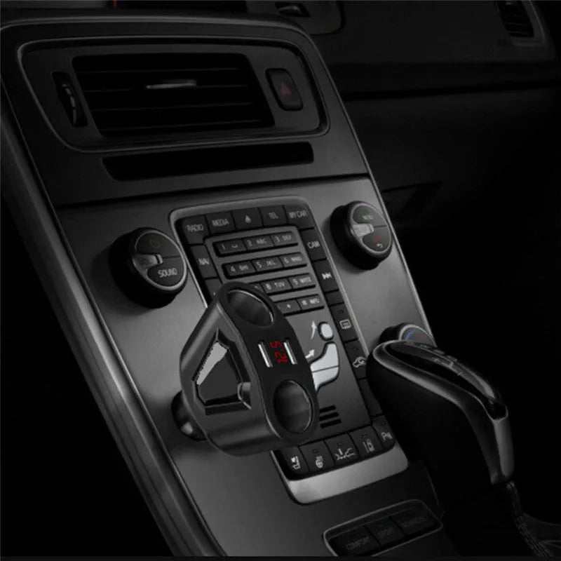 Dual USB multifunction car charger with LCD screen showing voltage, black colour, compact design for cars trucks and SUVs