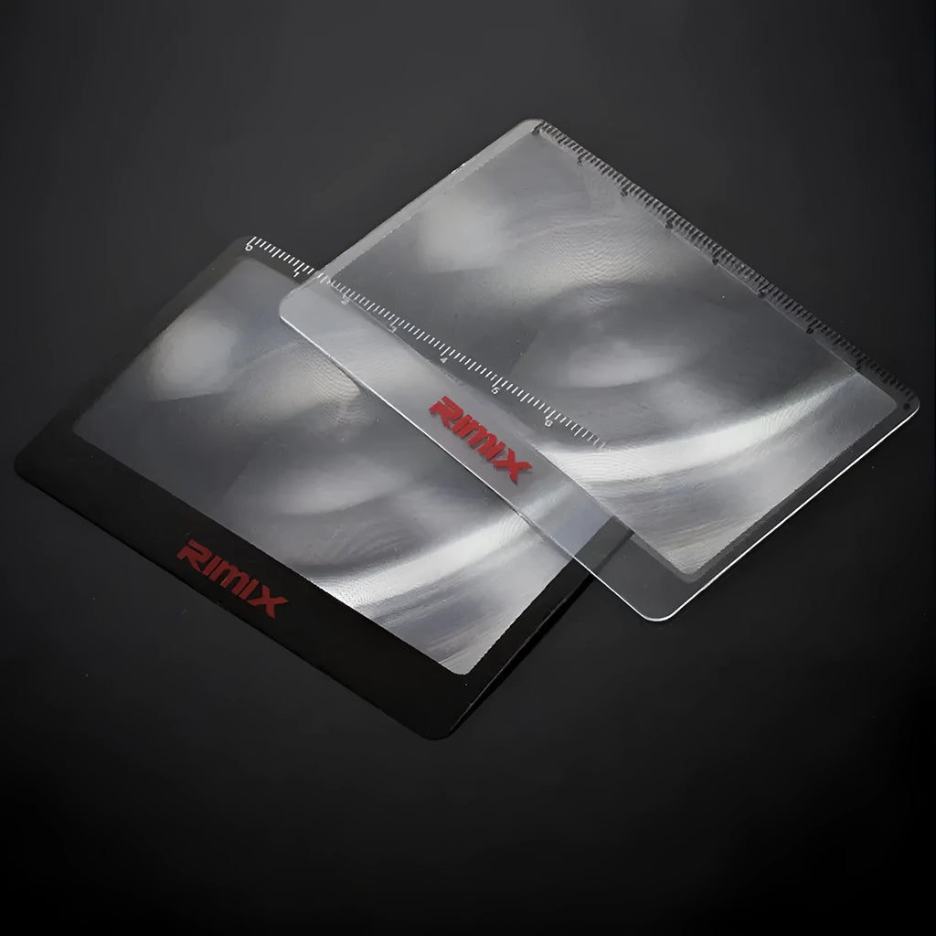 Credit card sized plastic magnifier in black or white colour for portable reading assistance