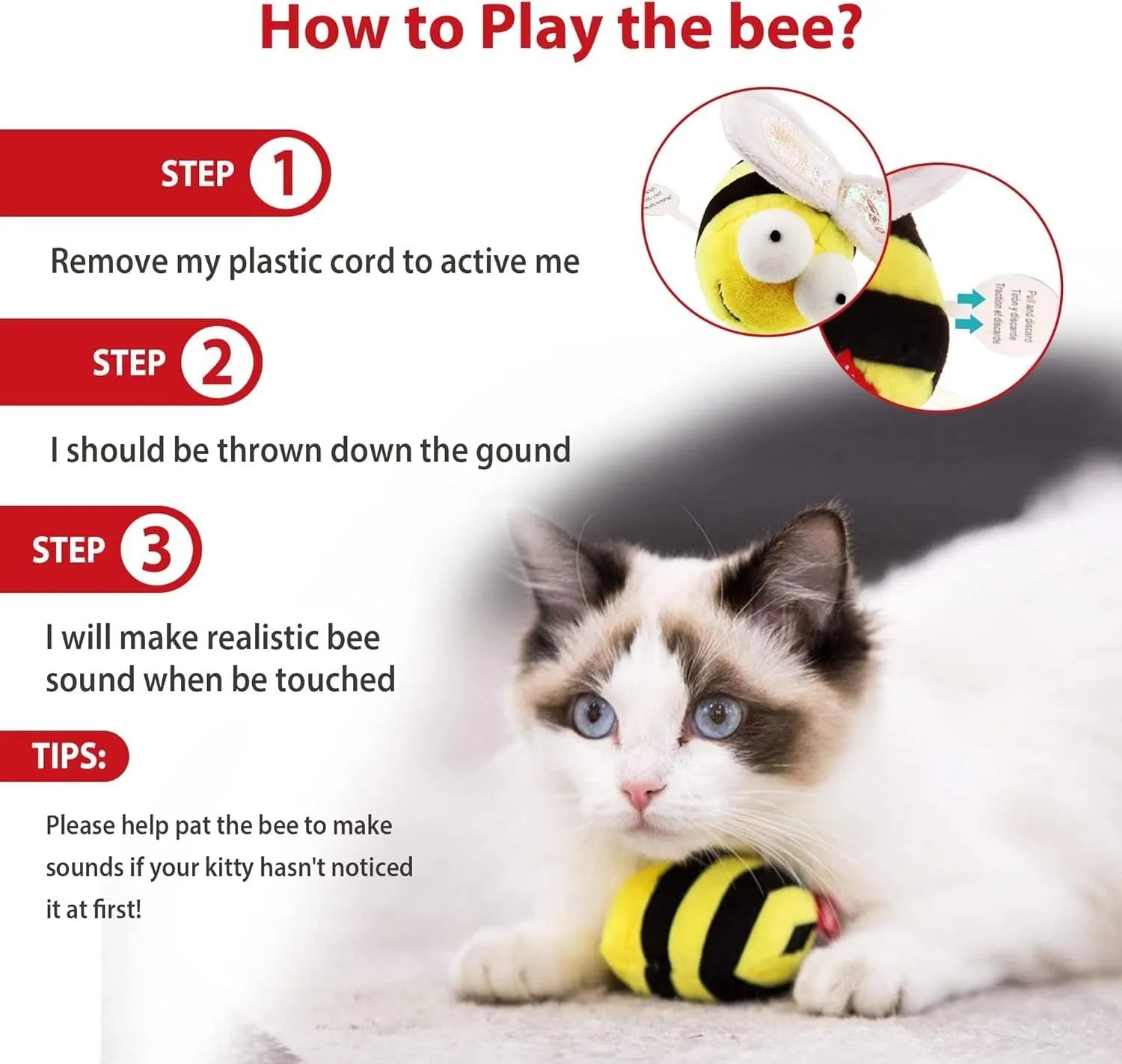 Yellow flannelette bee-shaped electronic cat toy with motion-activated squeaking sound