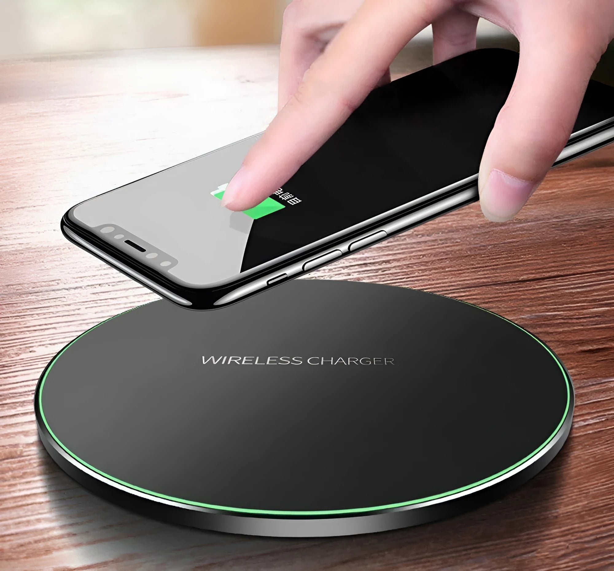 Black ultra-thin wireless fast charging pad measuring 98mm square with USB cable