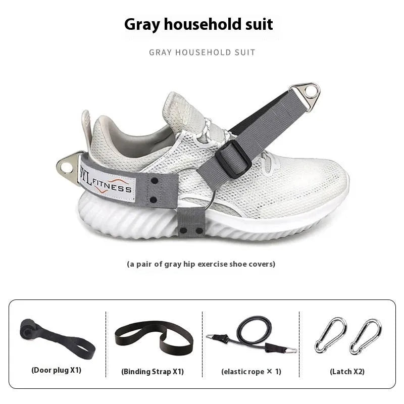 Black ankle strap with metal buckle for leg attachment in rope access or training