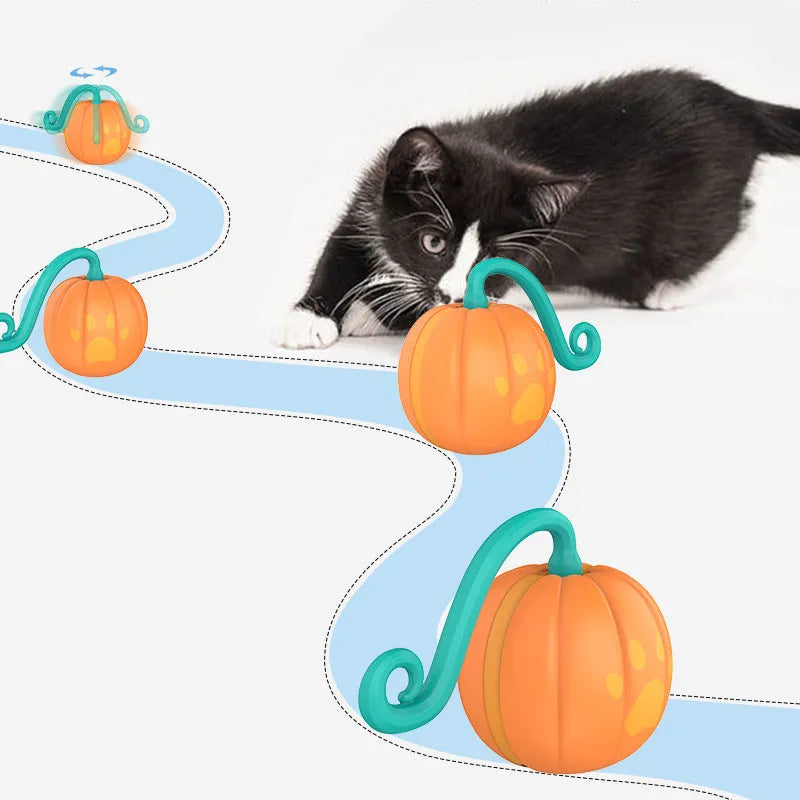 Electric luminous cat toy ball in watermelon green and pink design next to pumpkin orange version