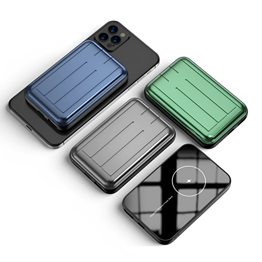 Blue magnetic wireless power bank showing size and multi-U port