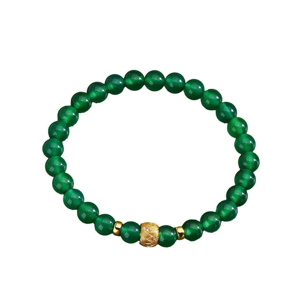 Green agate and S925 sterling silver bracelet with 6mm beads and yellow gold electroplated finish.