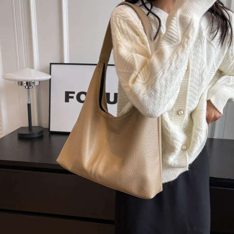 Two women's underarm shoulder bags in beige and brown, with small wallet, soft PU leather, horizontal square shape