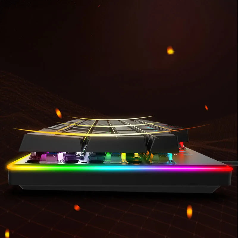 Real mechanical keyboard with RGB backlight, metal frame, 104 keys, and USB cable on a desk