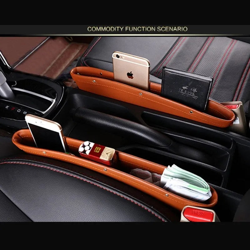 Faux leather car seat gap storage organiser in beige holding a phone and keys, size 35x10.5x4 cm
