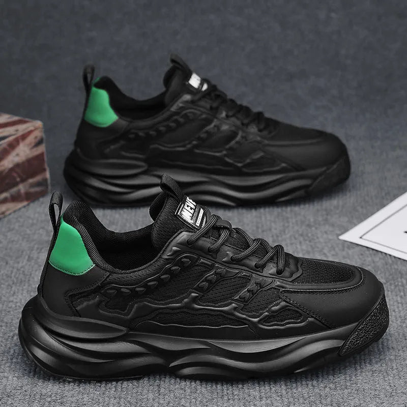 Men's white and black breathable mesh shoes with round toe and PU mesh upper construction