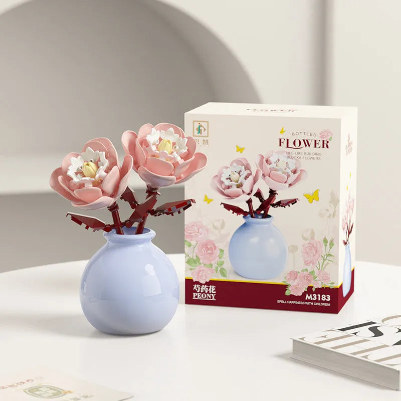 Building block flower set with small diamond particles and a vase in a colour box package