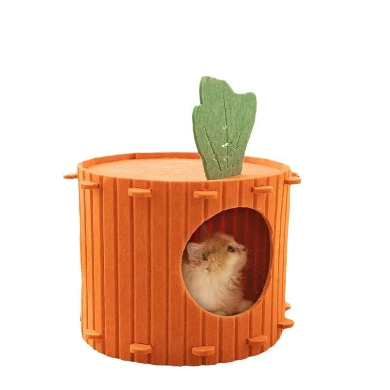 Grey felt semi-enclosed cat tunnel and nest bed for indoor cats, shown in medium and large sizes.