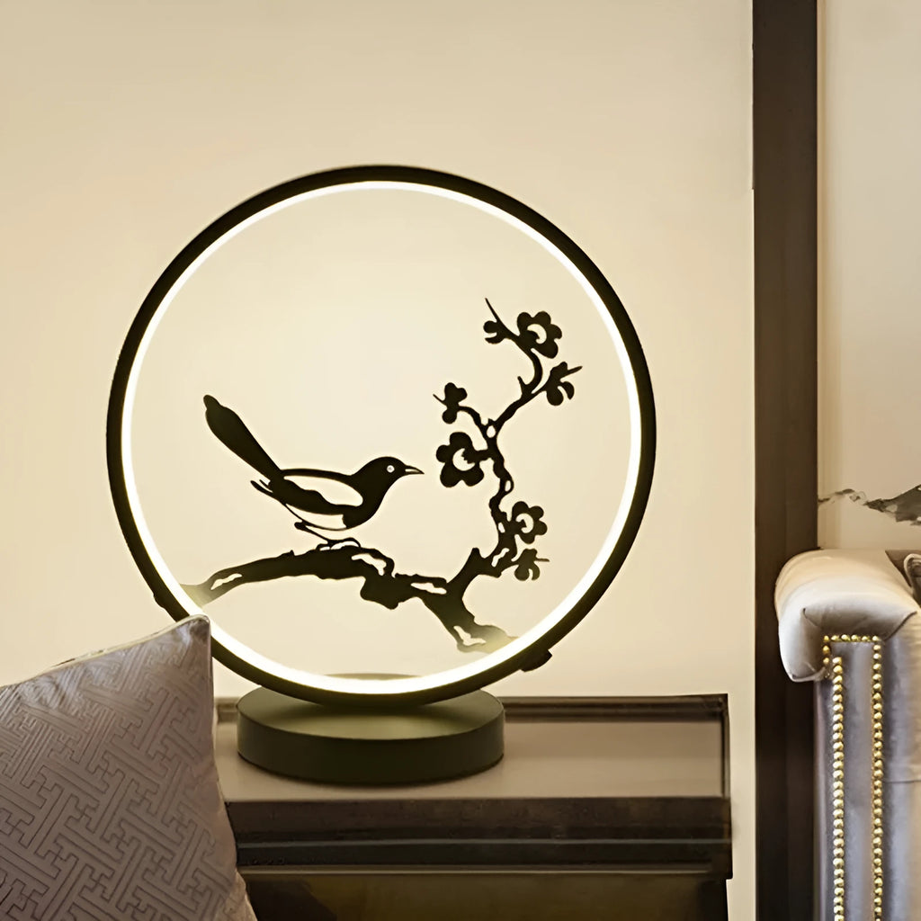 Chinese style ceramic LED table lamp, matte black, with glass lampshade on side table