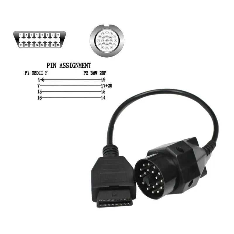BMW 20-pin to OBD2 16-pin diagnostic connector cable adapter for scan tools.