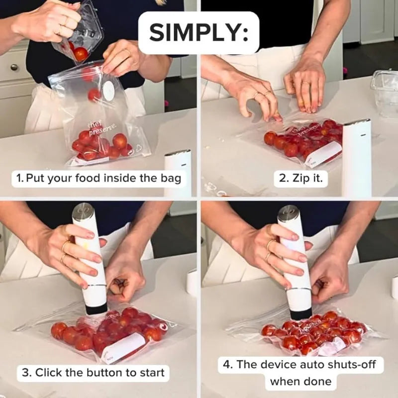White USB electric vacuum sealer pump with five clear plastic food storage bags